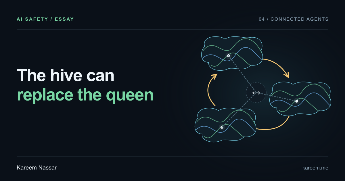 The hive can replace the queen. Three separate contour maps connected by communication arrows and a shared hub. Kareem Nassar.